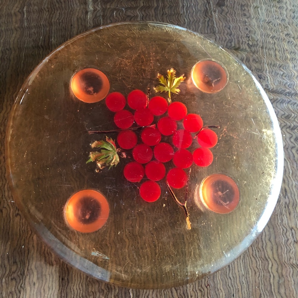 Vintage ‘ 60s ‘70s Cherries Lucite W Feet Trivet